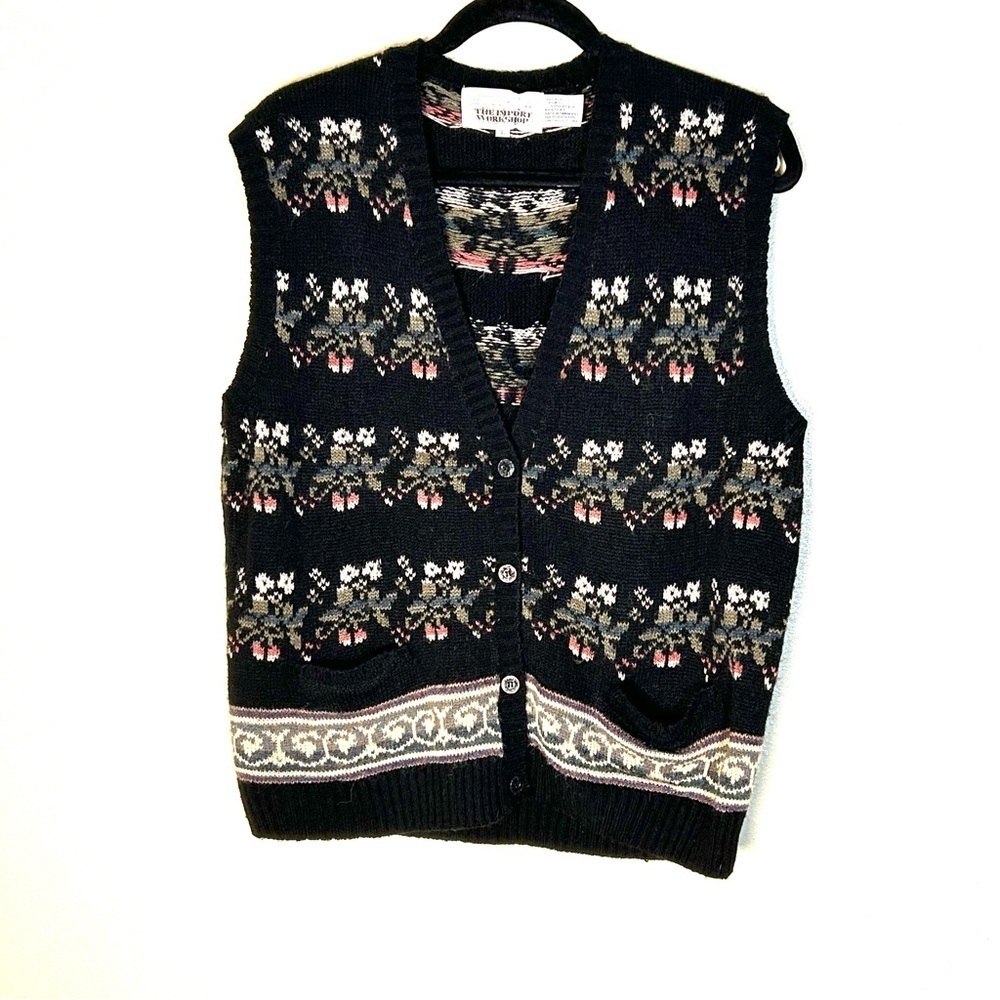 Vintage The Import Workshop Knit Sweater Vest Button Dark Cottage Floral Sz L